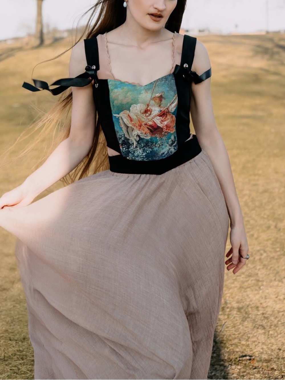 Art Print Corset Top with Pastel Rococo Swing Motif - Picture 4 of 9